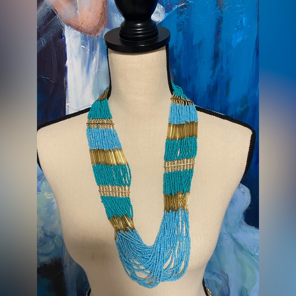 Multi Strand Turquoise Seed Bead Statement Neckla… - image 1